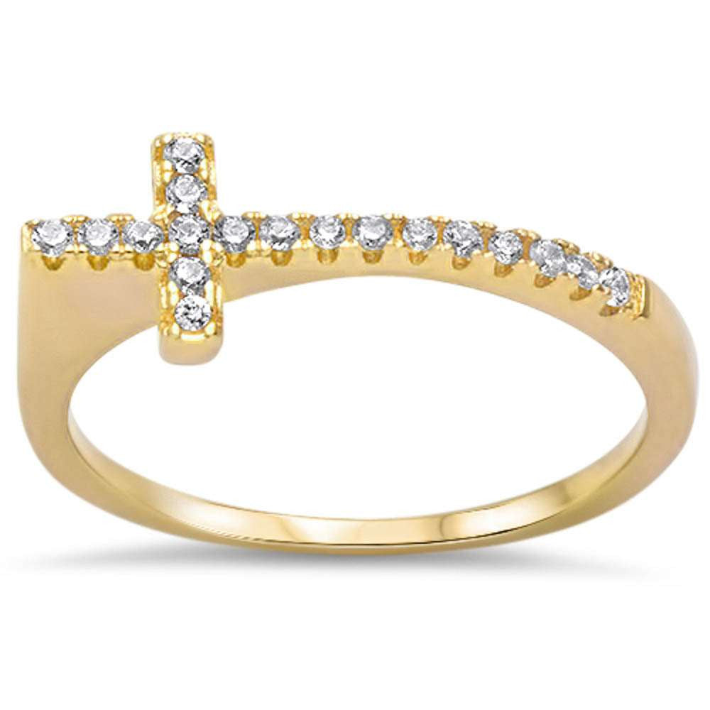 Yellow Gold Plated Sideways Cz Cross .925 Sterling Silver Ring Sizes 4-10