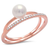 Rose Gold Plated Pearl & Cz .925 Sterling Silver Ring Sizes 4-10