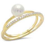Yellow Gold Plated Pearl & Cz .925 Sterling Silver Ring Sizes 4-10