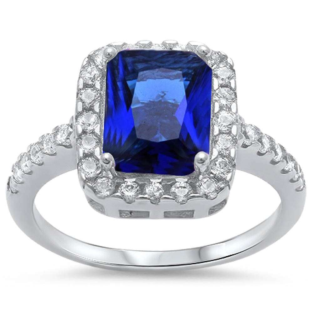 Emerald Cut Blue Sapphire & Cz .925 Sterling Silver Ring Sizes 5-10