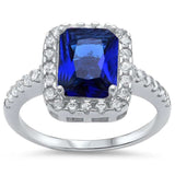  Emerald Cut Blue Sapphire & Cz .925 Sterling Silver Ring