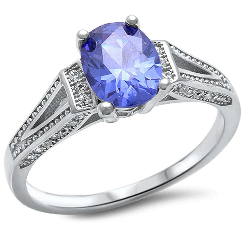 Oval Tanzanite & Cz .925 Sterling Silver Ring Sizes 5-10