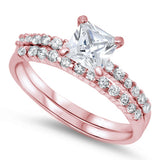 Rose Gold Plated Cushion Cut Round Solitaire Wedding Set .925 Sterling Silver