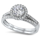 Round Halo Cz Wedding Set .925 Sterling Silver Ring
