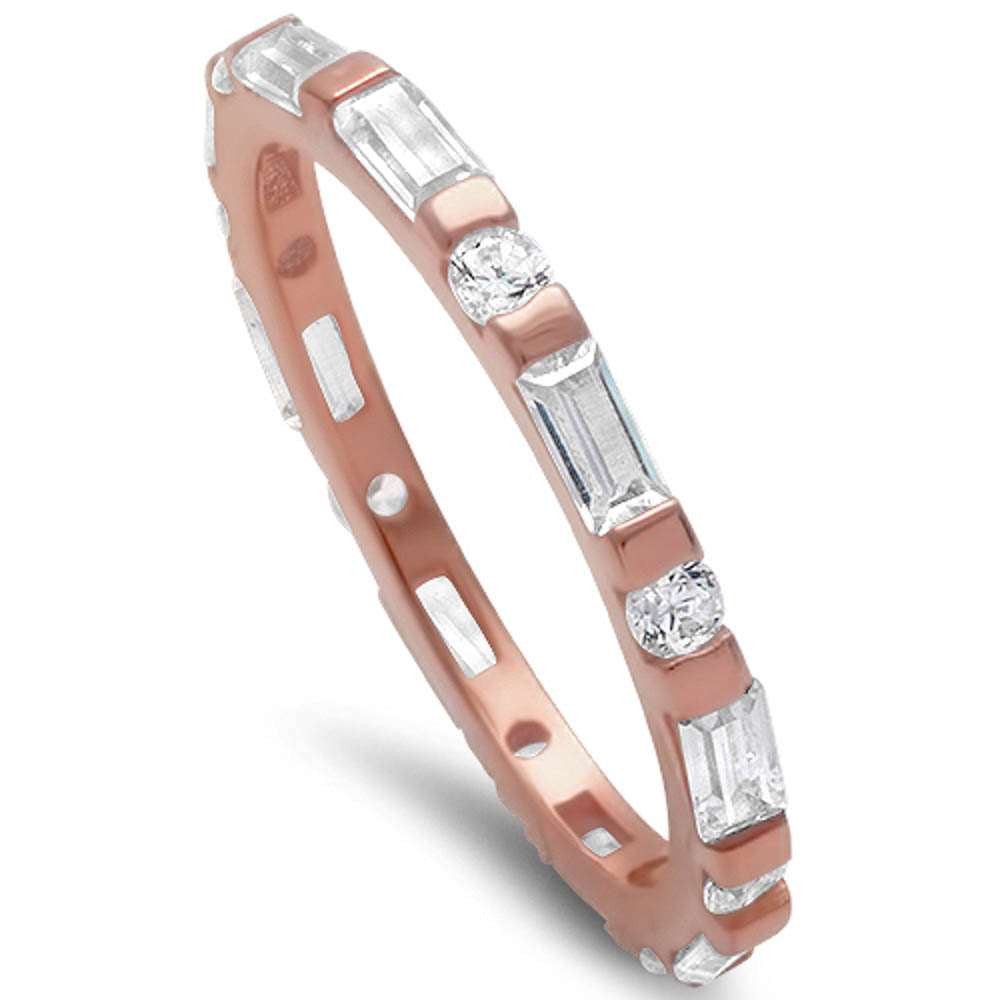 Rose Gold Plated Round & Baguette Cz Band .925 Sterling Silver Ring Sizes 4-10