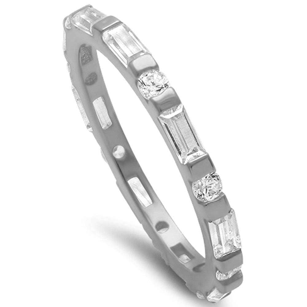 Round & Baguette Cz Band .925 Sterling Silver Ring Sizes 4-10