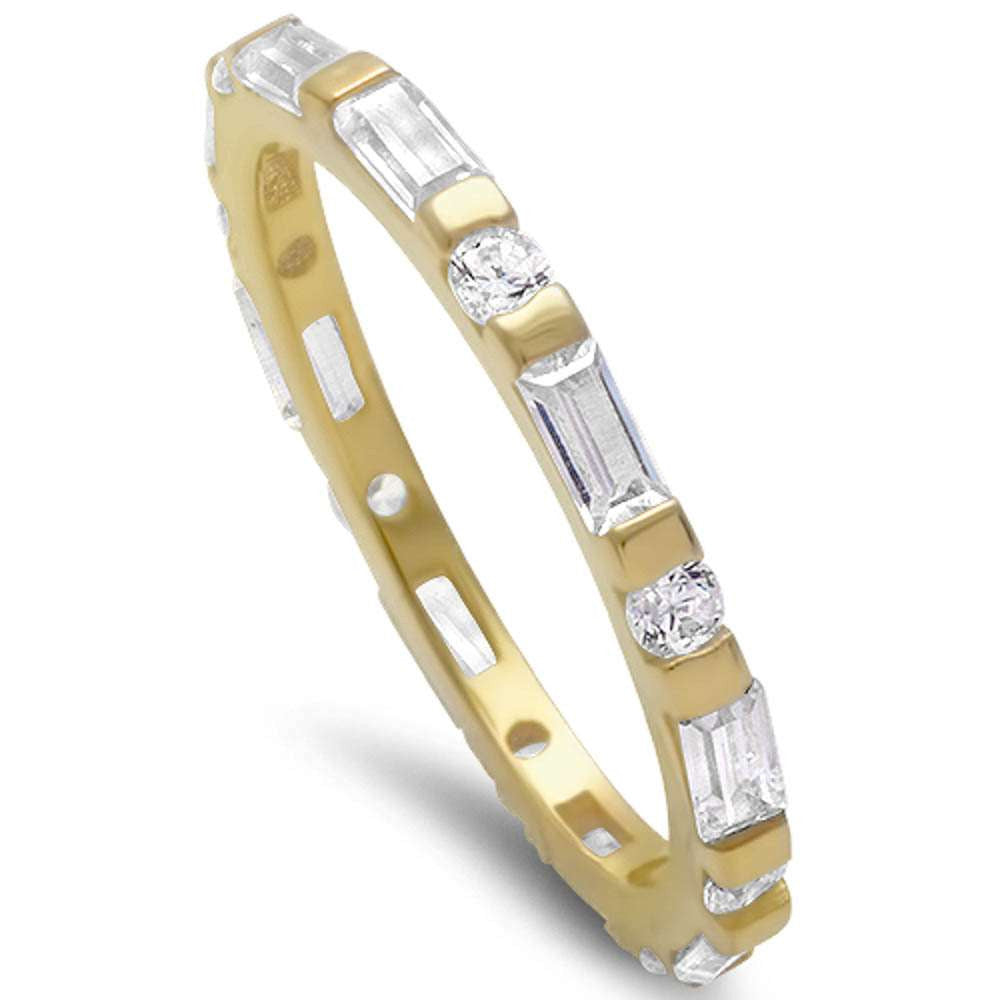 Yellow Gold Plated Round & Baguette Cz Band .925 Sterling Silver Ring Sizes 4-10