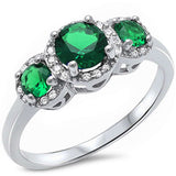 Halo 3 Green Emerald Stone & Cz .925 Sterling Silver Ring