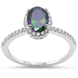 Oval Rainbow Topaz Halo Cz Engagement .925 Sterling Silver Ring