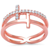  Rose Gold Plated Plain & Cz Sideways Cross .925 Sterling Silver Ring