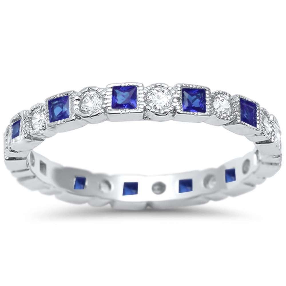 <span>CLOSEOUT!</span> Antique Style Blue Sapphire & CZ Stackable Eternity Band .925 Sterling Silver Ring