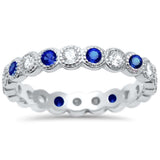  Blue Sapphire & Cz Antique Style Bezel Set Eternity Stackable  .925 Sterling Silver Ring Sizes 4-5
