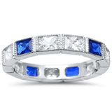 Eternity Rectangle Blue Sapphire and CZ .925 Sterling Silver Ring Sizes 4 , 5, 10