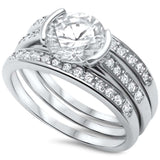 Modern Half Bezel Set Round CZ Three Stone Bridal Set .925 Sterling Silver Ring