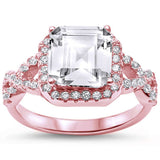 Rose Plated Asscher Square Twisted Infinty Engagement .925 Sterling Silver Ring Sizes 5-6