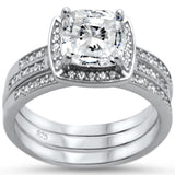 <span>CLOSEOUT! </span>Cushion Cut Three Piece Engagement .925 Sterling Silver Ring Set