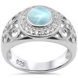 Round Shaped Halo Filigree Natural Larimar & CZ .925 Sterling Silver Ring Size 7,8