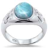 Natural Oval Larimar & Turtle .925 Sterling Silver Ring Sizes 5-10