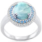 <span>CLOSEOUT! </span>Oval Natural Larimar, CZ & Blue Topaz Double Halo .925 Sterling Silver Ring Size 8