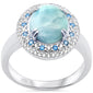 Oval Natural Larimar,CZ & Blue Topaz Double Halo .925 Sterling Silver Ring Size 8