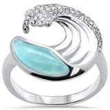 Natural Larimar & Cubic Zirconia Wave Design .925 Sterling Silver Ring Size 6-8