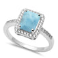 Radiant Shape Natural Larimar & Cubic Zirconia .925 Sterling Silver Ring Sizes 5-10