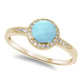  Yellow Gold Plated Halo Natural Larimar & Cubic Zirconia .925 Sterling Silver Ring Sizes 5-10