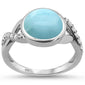 Round Natural Larimar & Cubic Zirconia .925 Sterling Silver Ring Sizes 6-8