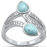 Natural Larimar Greek Key Leaf Design .925 Sterling Silver Ring Sizes 6-8