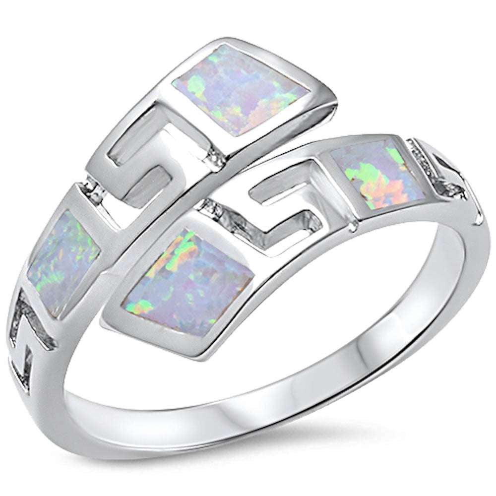 White Opal Greek Key Design .925 Sterling Silver Ring Sizes 5-10