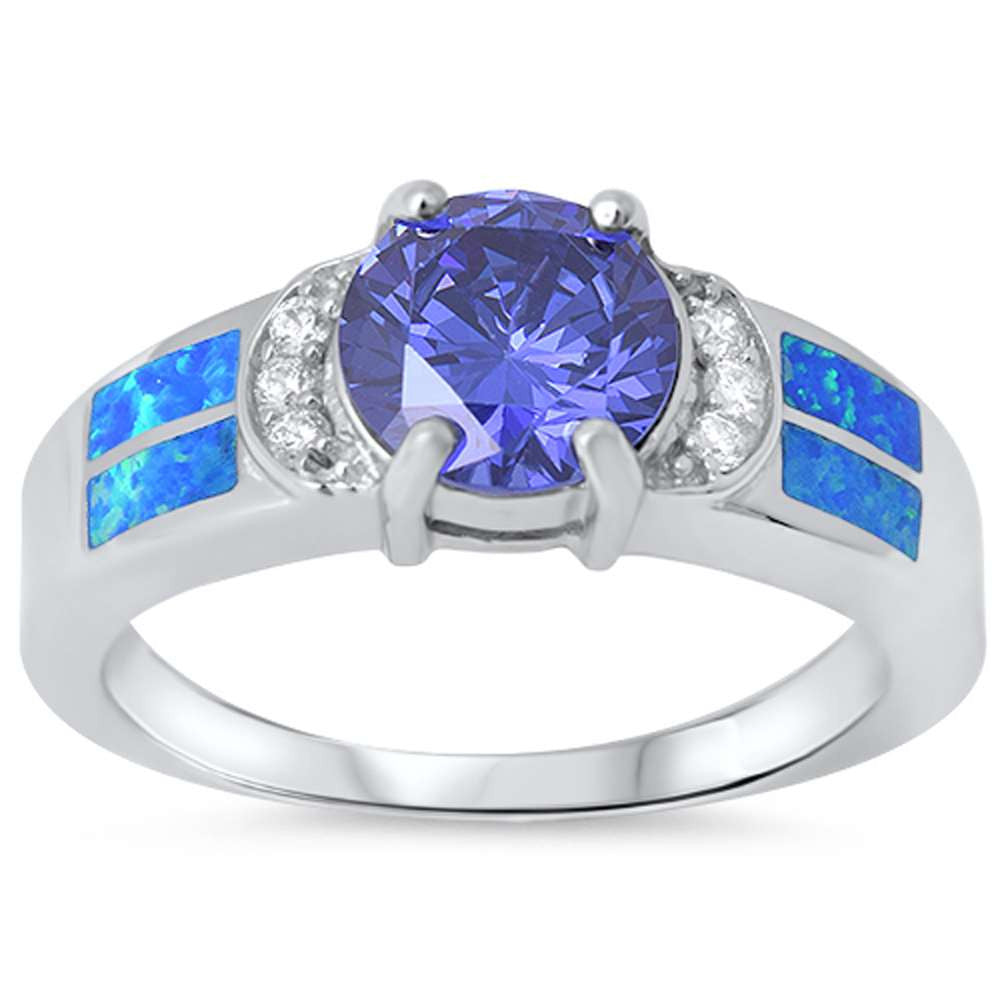 Round Tanzanite, Cz & Blue Opal .925 Sterling Silver Ring sizes 6-9