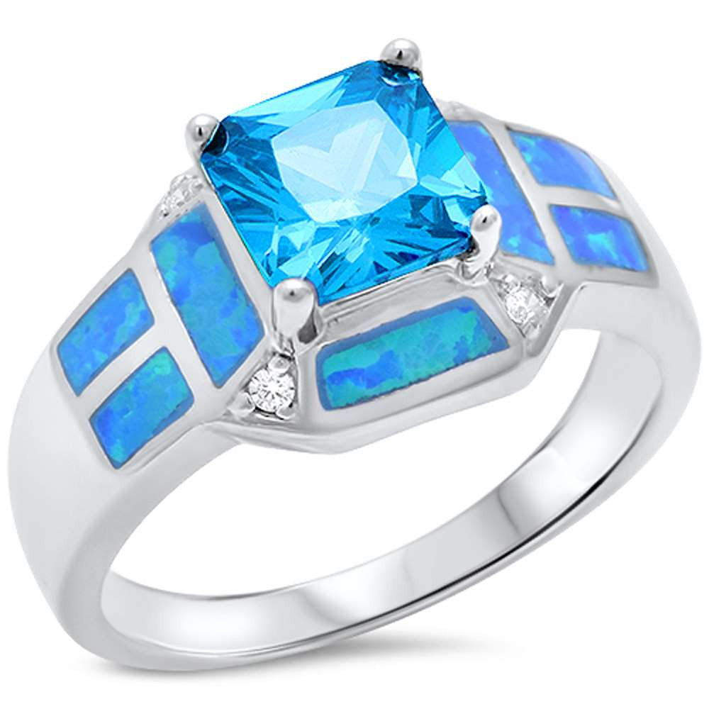 Princess Cut Blue Topaz, Blue Opal & Cz .925 Sterling Silver Ring sizes 5-10