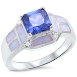  Princess Cut Tanzanite, White Opal & Cz .925 Sterling Silver Ring
