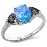 Oval Blue Opal & Heart Rainbow CZ .925 Sterling Silver Ring