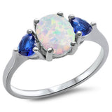 Oval White Opal & Blue Sapphire Heart .925 Sterling Silver Ring Sizes 4-10