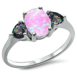 Oval Pink Opal & Rainbow Cubic Zirconia Heart .925 Sterling Silver Ring Sizes 5-9