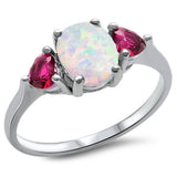 Oval White Opal & Ruby Heart CZ .925 Sterling Silver Ring