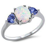Oval White Opal & Heart Tanzanite CZ .925 Sterling Silver Ring Sizes 4-10