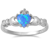Blue Opal Heart Claddagh Ring .925 Sterling Silver Sizes 4-12