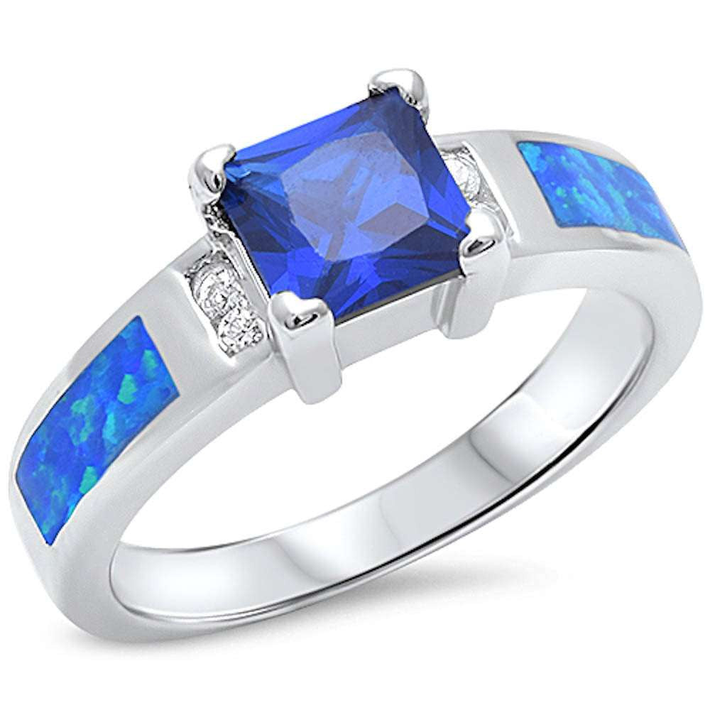 <span>CLOSEOUT!</span>Blue Sapphire, Cubic Zirconia, & Blue Opal .925 Sterling Silver Ring