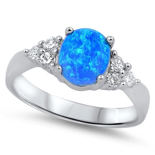 Sterling Silver Lab Created Blue Opal Gemstone Ring with CZ