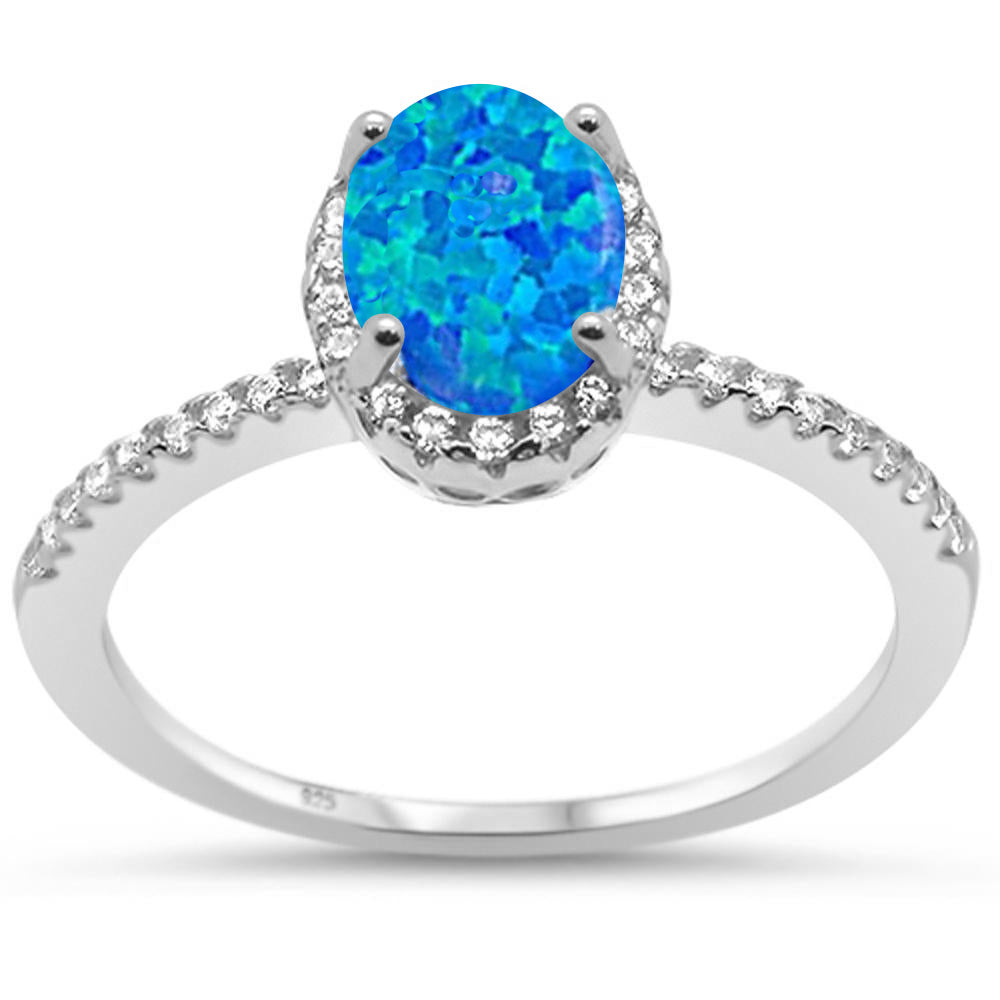 Oval Blue Opal Halo Cubic Zirconia .925 Sterling Silver Ring Sizes 4-11