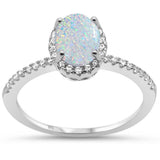 Oval White Opal Halo Cubic Zirconia  .925 Sterling Silver Ring