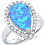 <span>CLOSEOUT!</span>Pear Shape Blue Opal & Cubic Zirconia.925 Sterling Silver Ring