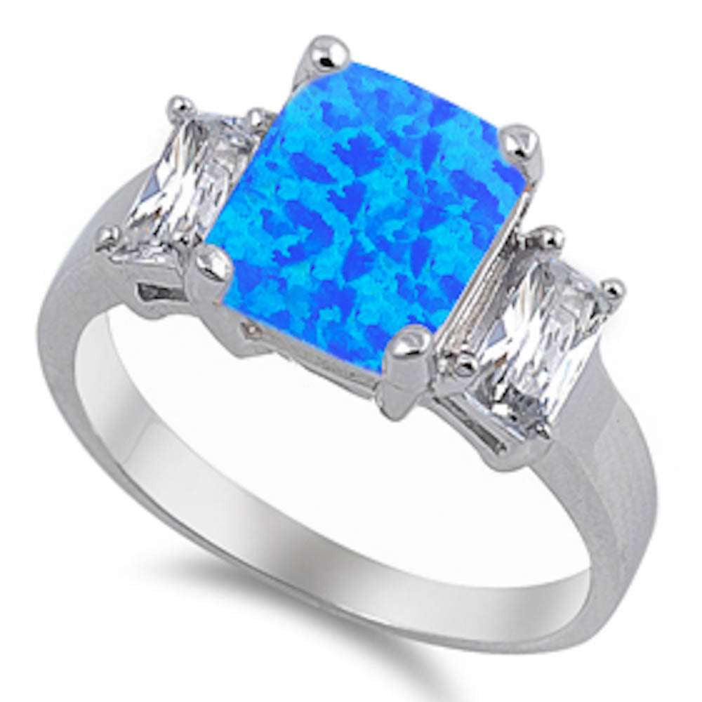 <span>CLOSEOUT!</span>Radiant Shape Blue Fire Opal & Cubic Zirconia .925 Sterling Silver Ring Sizes 5-10