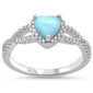 Natural Larimar Heart with Cz .925 Sterling Silver Ring Sizes 5-10