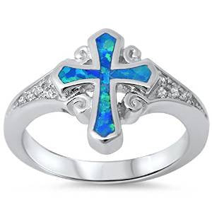 <span>CLOSEOUT!</span> Blue Opal Cross & Cz .925 Sterling Silver Ring
