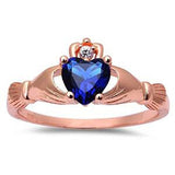 Rose Gold Plated Blue Sapphire & CZ Heart Claddagh .925 Sterling Silver Ring