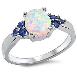 <span>CLOSEOUT!</span>Best Seller White Fire Opal & Blue Sapphire .925 Sterling Silver Ring Sizes 3-8, 11