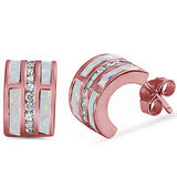 Rose Gold Plated Pink Opal & Cz C-Shape Huggie Hoop .925 Sterling Silver Earrings